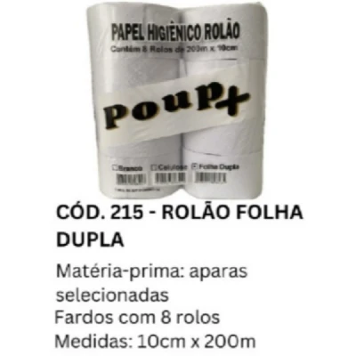 Papel Higiênico Rolão Folha-Dupla (Branco-Luxo) 30gr Fardo (8 Rolos x 200m x 10cm Altura) Poup+ Kirius 215