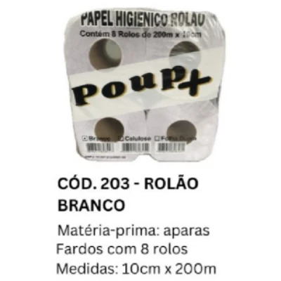 Papel Higiênico Rolão Folha-Simples (Branco-Plus) 18gr Fardo (8 Rolos x 200m x 10cm Altura) Poup+ Kirius 203