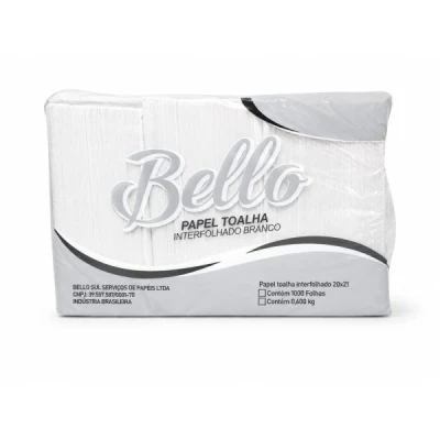 Toalha de Papel Interfolhado (100% Celulose) (20x21cm) 20gr Pacote C/1000 Folhas (Celulose - Branco Simples) Bello Papeis 0019