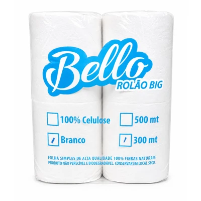 Papel Higiênico Rolão Folha-Simples Branco (100% Celulose) Fardo (8 Rolos X 300M X 10CM) Bello Papeis Branco-Simples Luxo