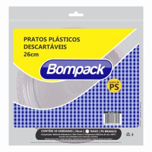 Prato Plástico 26,0cm Branco PS Raso Bompack Pacote C/10