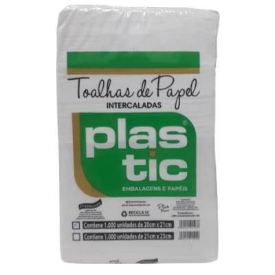 Toalha de Papel Interfolhado (100% Celulose) (20x21cm) 20gr Pacote C/1000 Folhas (Celulose - Plus) PLASTIC