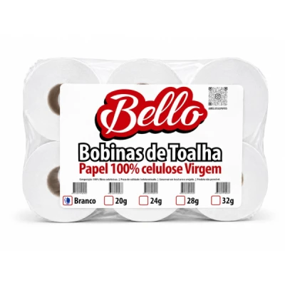 Toalha Papel Bobina (100% Celulose) 28gr Fardo (6 Rolos x 200m x 20cm Altura) Bello Papeis Branco-Virgem