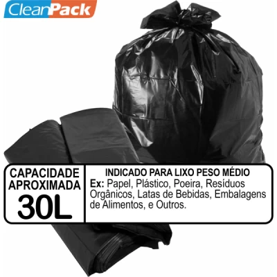 Saco de Lixo Preto   30 Litros (Micra 0,04) (59cm x 62cm) (Leve) C/100 Cleanpack***