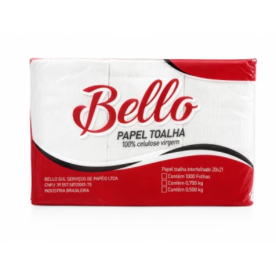 Toalha de Papel Interfolhado (100% Celulose) (20x21cm) 20gr Pacote C/1000 Folhas (Celulose - Branco Virgem) Bello Papeis 0152